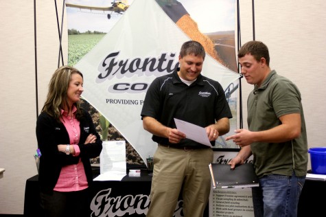 Linne Vavrina (left), Marketing Coordinator and Jon Brabec (center), Sales Manager for Frontier Coop speak with Northeast Agronomy major and former Frontier intern, Andrew Van Hoozer (right), Elkhorn. (Courtesy Photo)