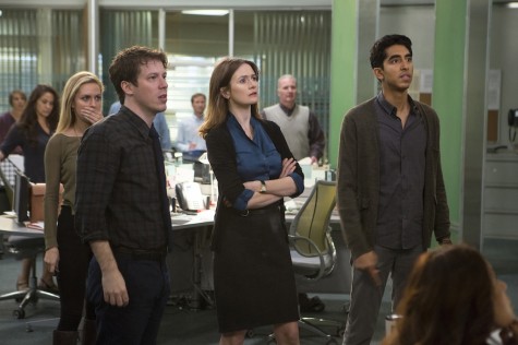ohn Gallagher, Jr., Emily Mortimer and Dev Patel in the season three premiere of "The Newsroom."  
