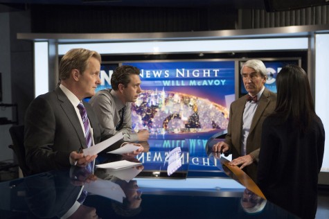 Jeff Daniels, Thomas Sadoski, Sam Waterston and Olivia Munn in the season three premiere of "The Newsroom." 