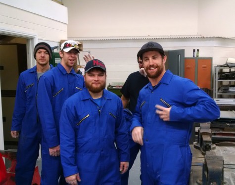 Northeast Community College auto body students prepare to work in a shop on the campus of North Lindsey College in Scunthorpe, England. The students and their instructor, Dave Beaudette, traveled to England recently as part of an exchange program between the two schools. Pictured (from left) are Kyle Ebel, Scribner, Caleb Fowlkes, Meadow Grove, William Weiland, Decatur, Dustin Johansen, Friend, (partially hidden) and Kellen Wells, Norfolk. (Courtesy Dave Beaudette/Northeast Community College)