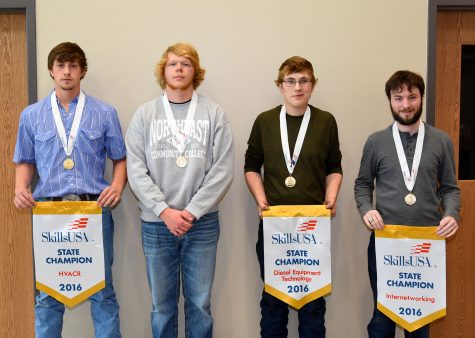 Four Northeast Community College students were named state champions at the Nebraska SkillsUSA State Leadership and Skills Conference recently in Omaha. Pictured (from left) are James Buresh, David City, (HVAC), Chase Orender, Columbus, (sheet metal), Ian Folkers, Hartington, (diesel equipment technology), and Clint Jurgens, Madison, (internetworking). (Courtesy Photo) 