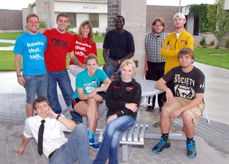 Members of the 2014-15 speech team at Northeast Community College include (front row, from left) Dylan Arnold, Jasmine Lee Phander, Drew Sempek, and Timmy Browning. Back row (from left) William Nelson, Robert Nelson, Terry Nelson, head coach, Musa Fofana, Ronnie Ware, assistant coach, and Joe Lose. (Courtesy Photo) 