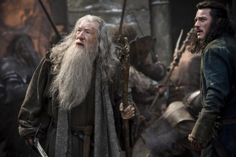 From left, Ian McKellan as Gandalf and Luke Evans as Bard in the fantasy adventure "The Hobbit: The Battle of Five Armies,"