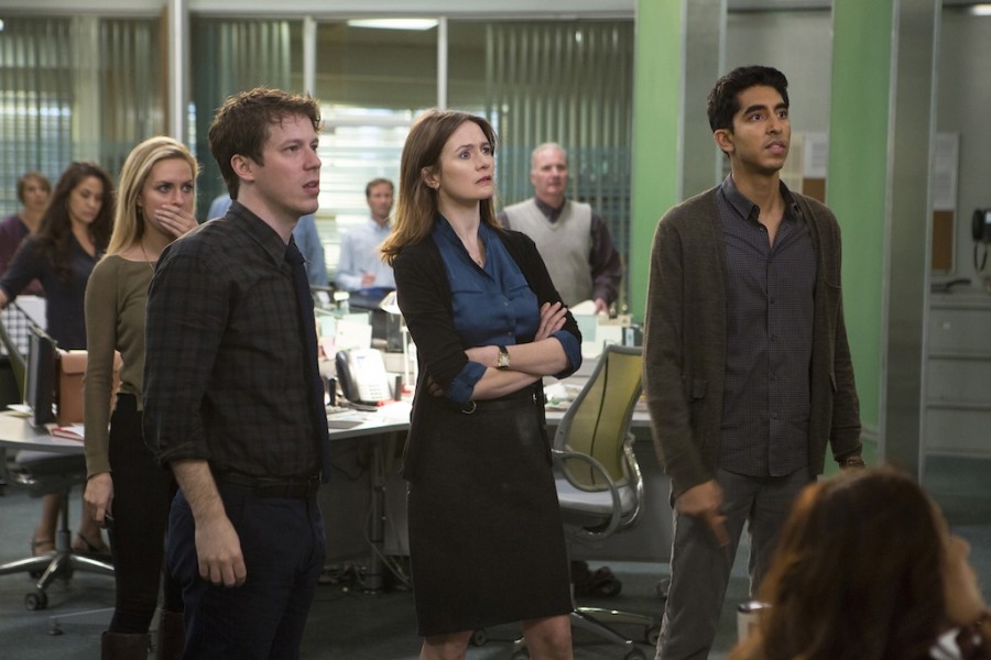 ohn Gallagher, Jr., Emily Mortimer and Dev Patel in the season three premiere of The Newsroom.  