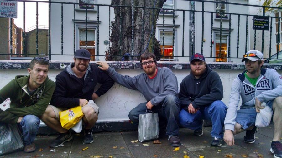 Like thousands of others before them, Northeast Community College auto body students left a mark (NECC) on the wall outside Abbey Road Studios in London. The students were in England recently as part of an exchange with North Lindsey College in Scunthorpe. Pictured (from left) are Kyle Ebel, Scribner, Kellen Wells, Norfolk, Dustin Johansen, Friend, William Weiland, Decatur and Caleb Fowlkes, Meadow Grove. (Courtesy Dave Beaudette/Northeast Community College)
