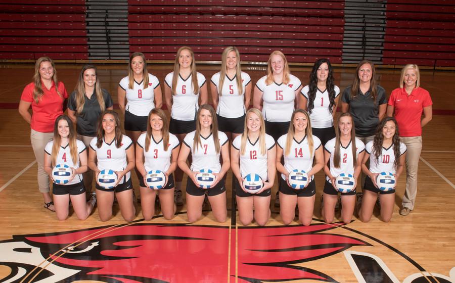 Members of the 2015 Northeast Community College Hawks Volleyball Team include (front row, from left) Kelsie Myers, Kiara Lopez, Tabitha Kander, Taryn Luedtke, Nichelle Stolzer, Rachel Brandl, Mackenzie Wecker, and Meagan Backer. Back row (from left) Haley Roelle, volunteer assistant coach, Amanda Schultze, head coach, Kelsey Shoemaker, Courtni Kunz, Layne Mitchell, Lexi Sokol, Whitney Valasek, Sarah Oligmueller, assistant coach, and Sammy Sullivan, student manager. (Courtesy Photo)