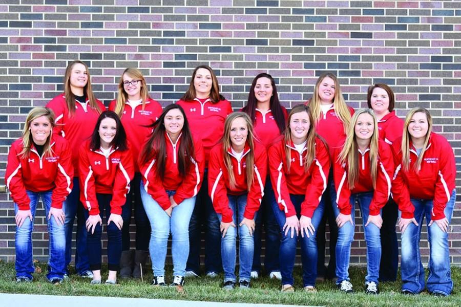 Members of the Northeast Community College softball team include (front row, from left) Paige Schmidt, Kelsie Myers, Kianna Garza, Leah Grovijohn, Amy Rogers, Alyson Romey and Lindsey Kvidera. Back row (from left) Logan Runge, Ashley Gilsdorf, Kylie Givens, Hunter McCarter, Madison Oltjenbruns  and Tiffini Lierman, student manager. (Courtesy Photo)