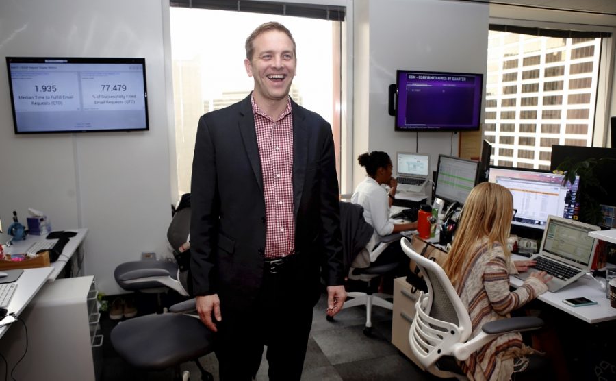 Jon Bischke, CEO of San Francisco startup Entelo, poses Thursday, Jan. 19, 2017, on the 24th floor of their offices in San Francisco, Calif. Entelo has developed software to help corporate recruiters find candidates for open positions. (Karl Mondon/Bay Area News Group/TNS)